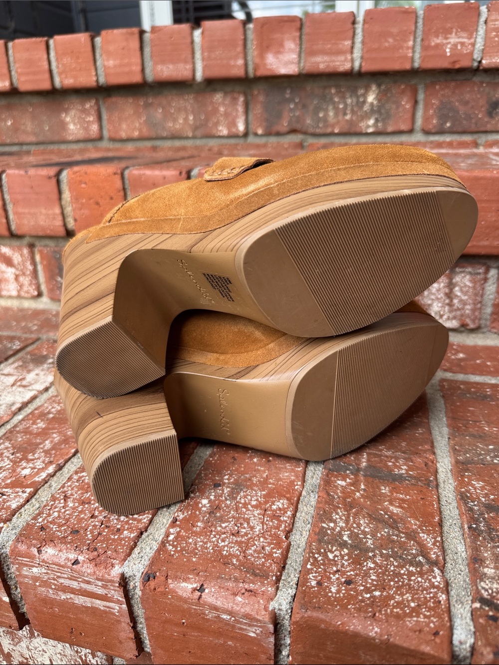 Splendid Vina Tan Brown Suede Heeled Platform Clogs Wooden Wedge Shoes Size 10 - Picture 6 of 7